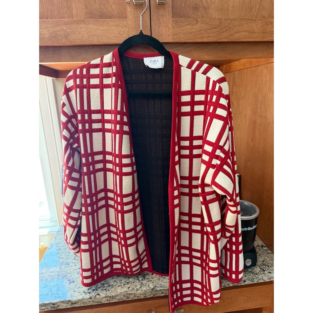 Zara Woman Red & White Grid Plaid Open Front Kimono Cardigan Jacket - Size S